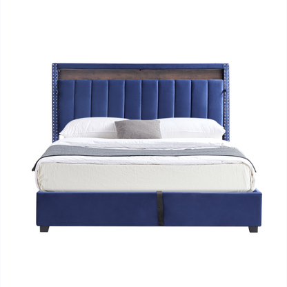 Luxury Gas Lift Storage Bed with RF LED Lights, Storage Headboard ,Velvet Blue