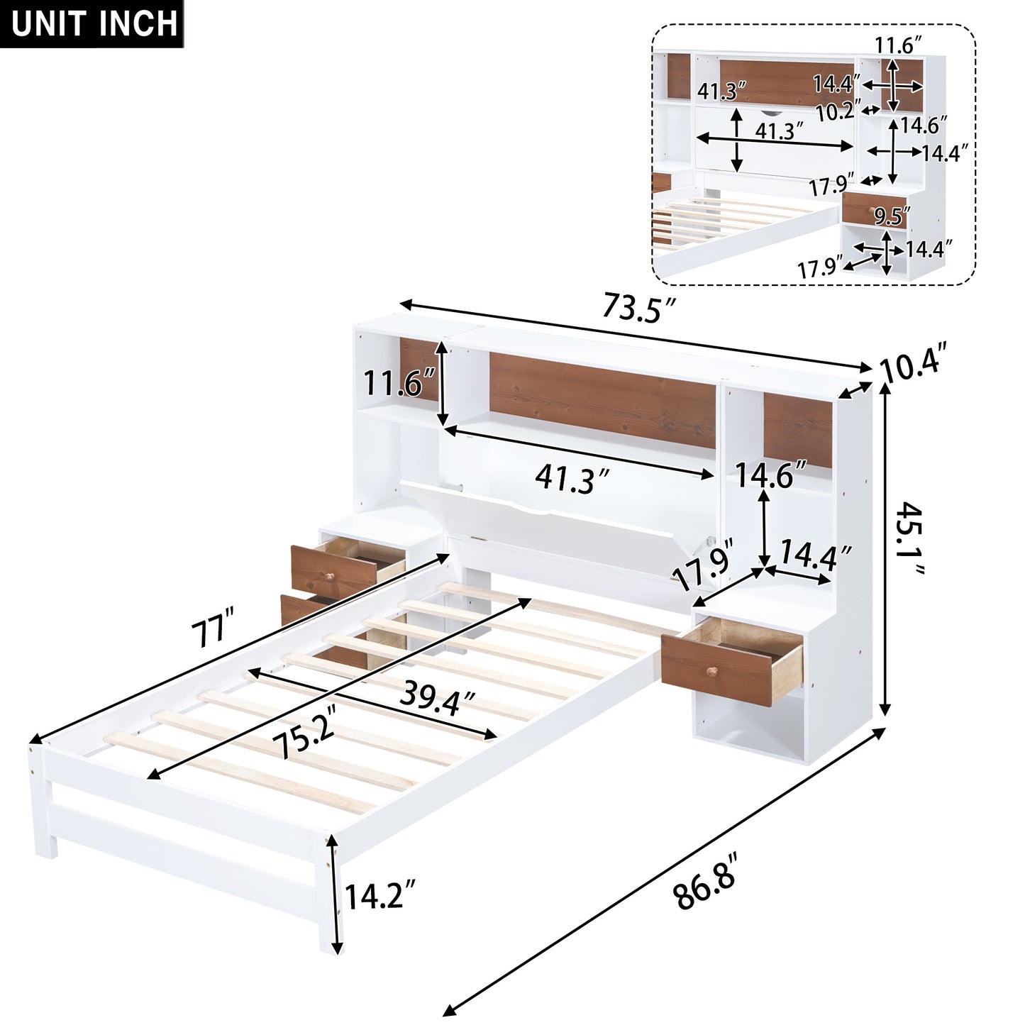 twin size platform bed with storage headboard and drawers, white