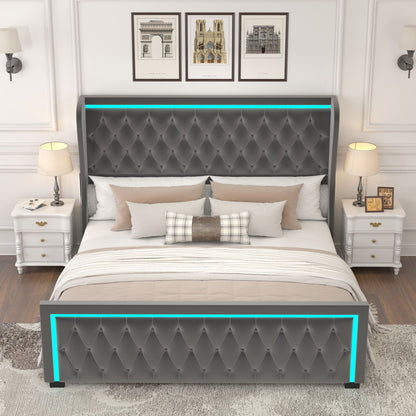 Velvet Upholstered Bed with Adjustable Colorful LED Light Decorative Headboard