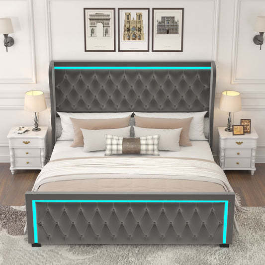 Velvet Upholstered Bed with Adjustable Colorful LED Light Decorative Headboard