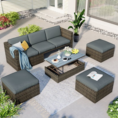 5-Piece Patio Wicker Sofa Set Cushions; Ottomans and Lift Top Coffee Table included