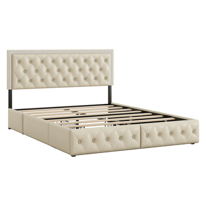 Upholstered Leather LED Headboard Bed Frame with 4 Storage Drawers, Beige