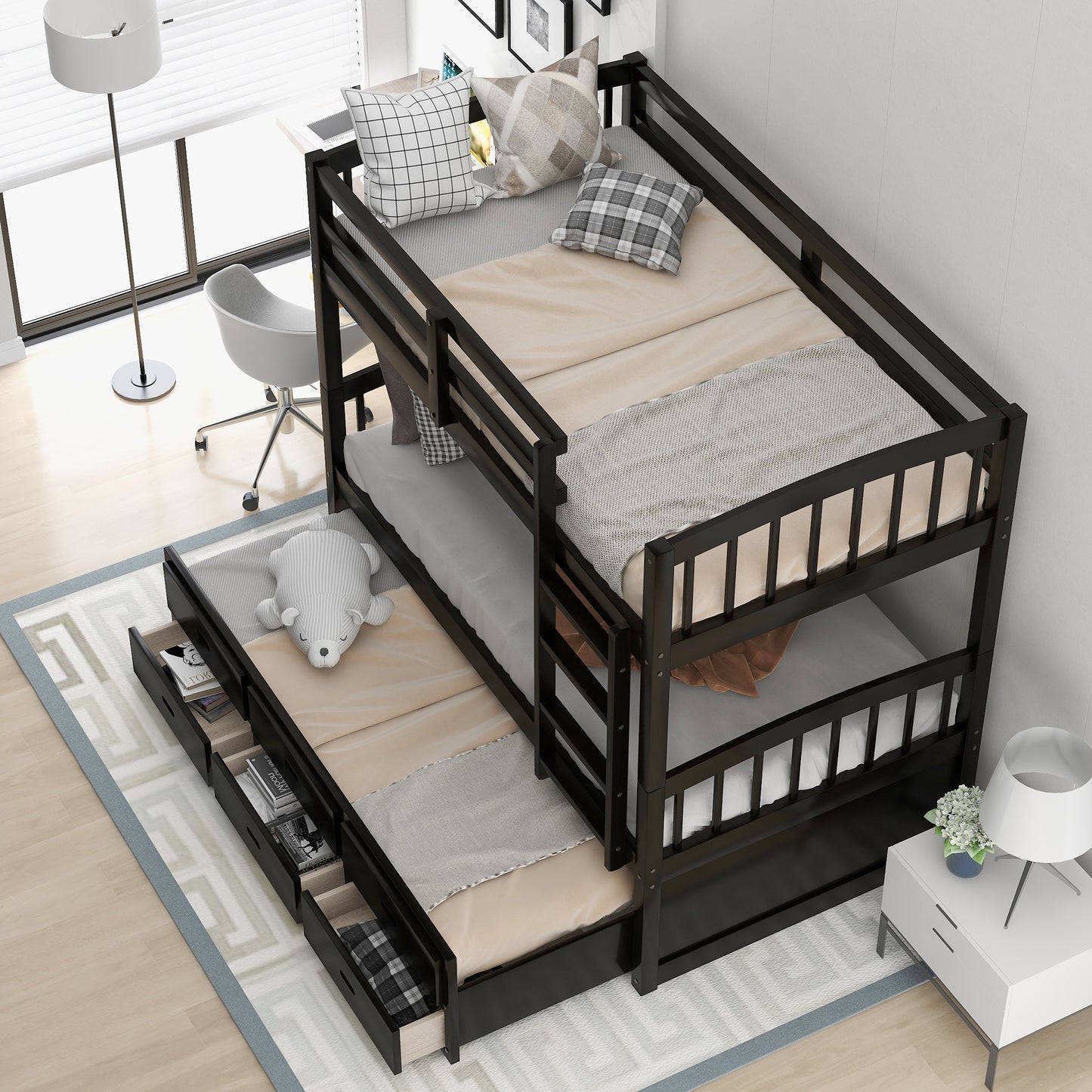 twin over twin wood bunk bed with trundle and drawers,white
