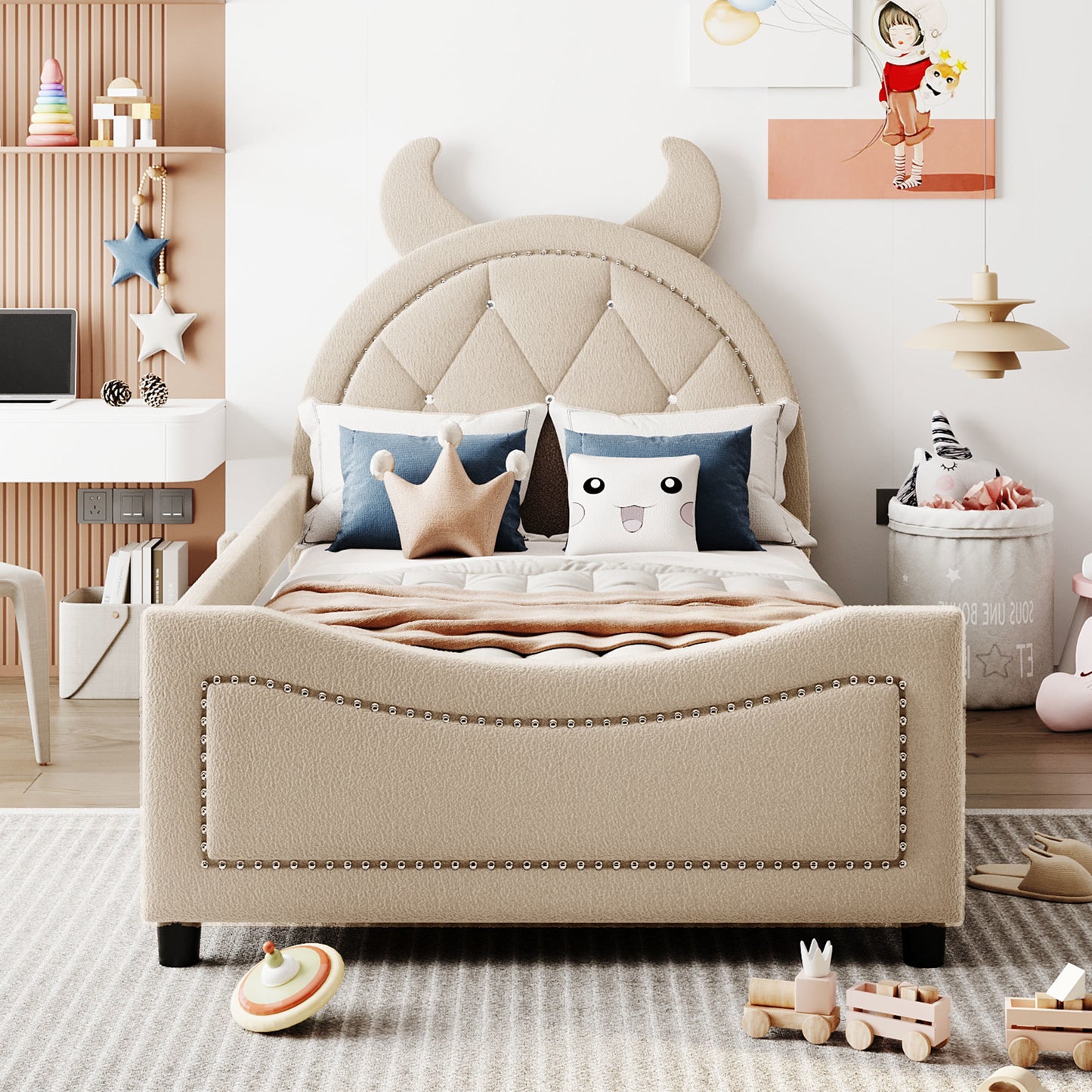 teddy fleece upholstered daybed with ox horn shaped headboard, beige