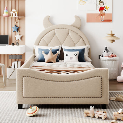 Teddy Fleece Upholstered Daybed with OX Horn Shaped Headboard, Beige