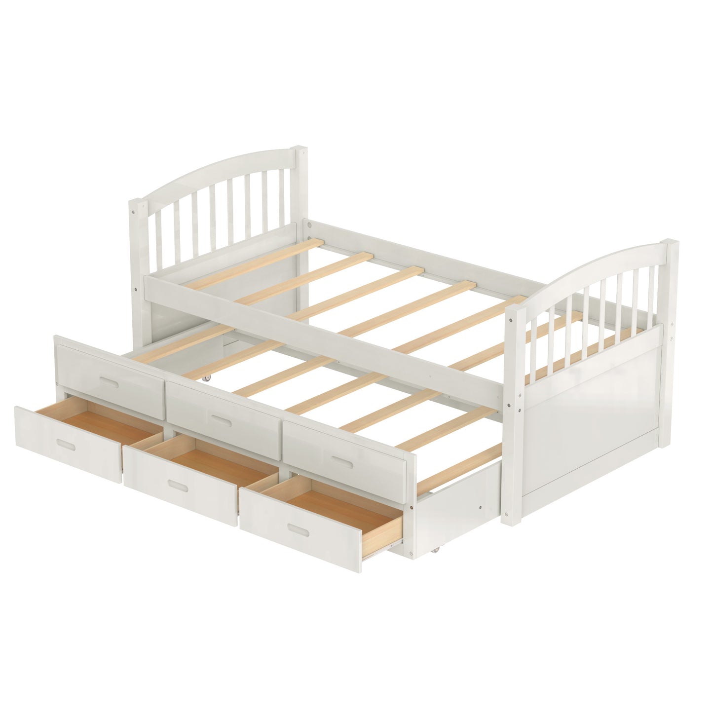 twin over twin wood bunk bed with trundle and drawers,white