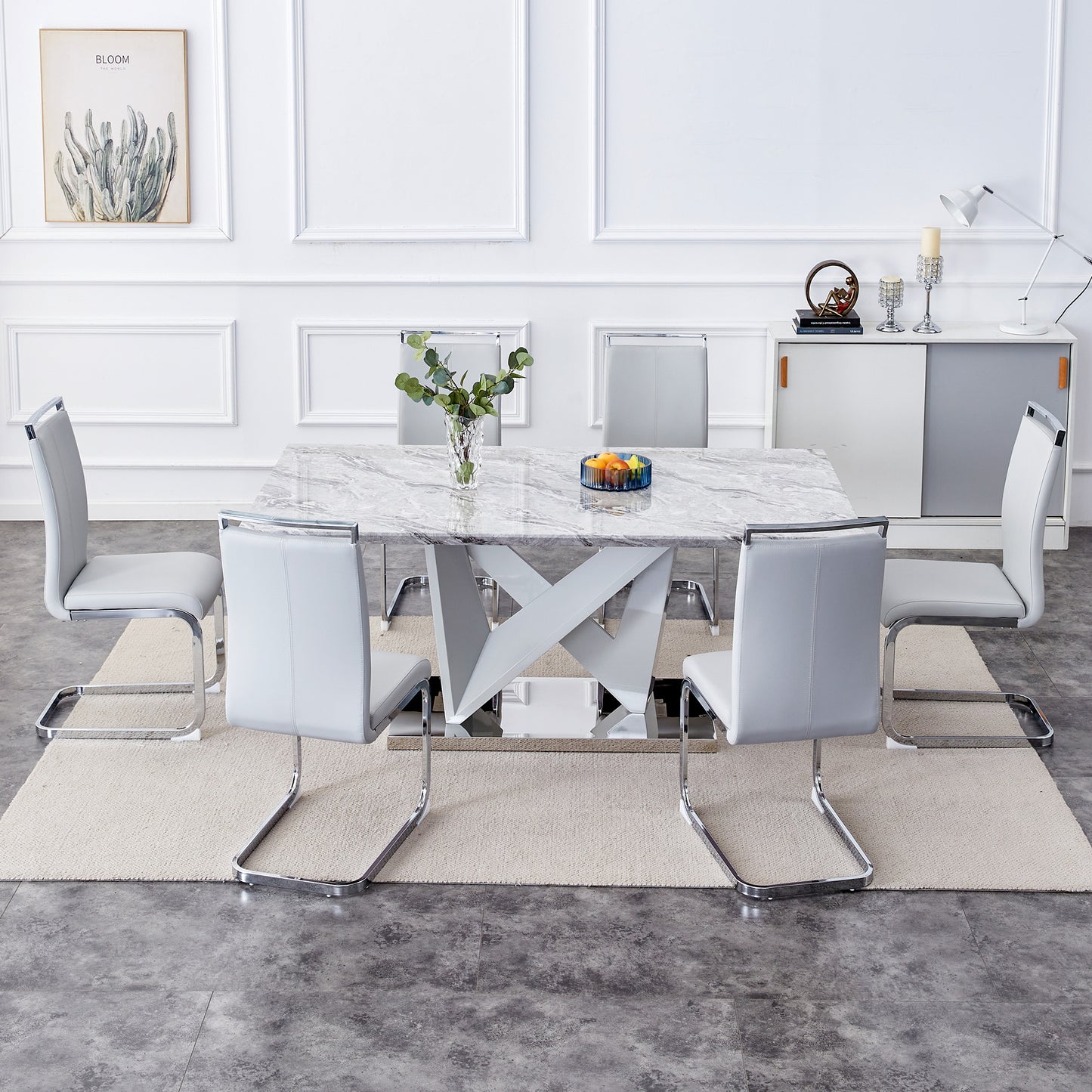 mdf faux marble dining table with white double v-shaped support