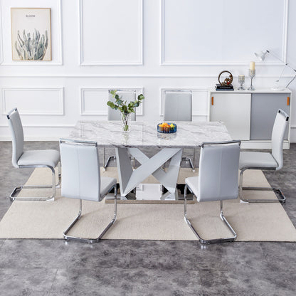 MDF Faux Marble Dining Table with White Double V-Shaped Support