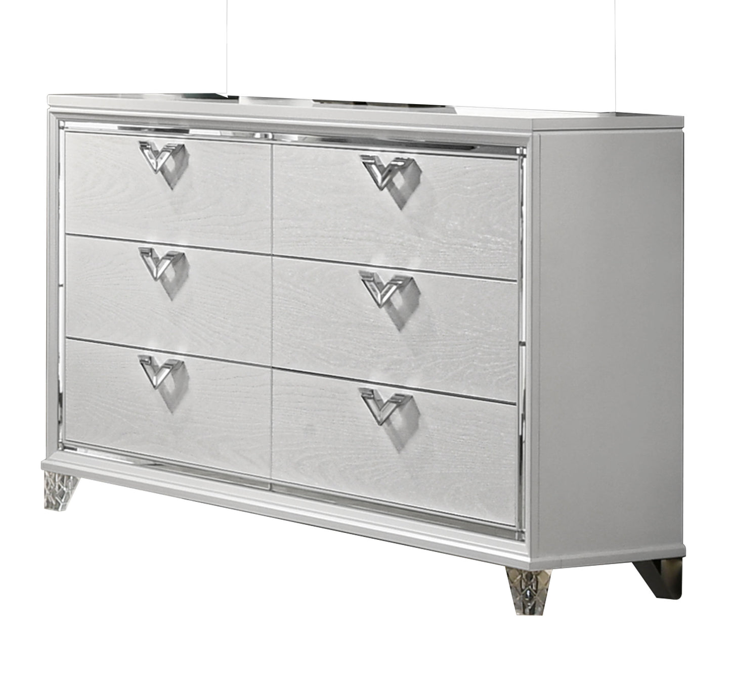 prism modern style 6-drawer dresser with mirror accent & v-shape handles in white