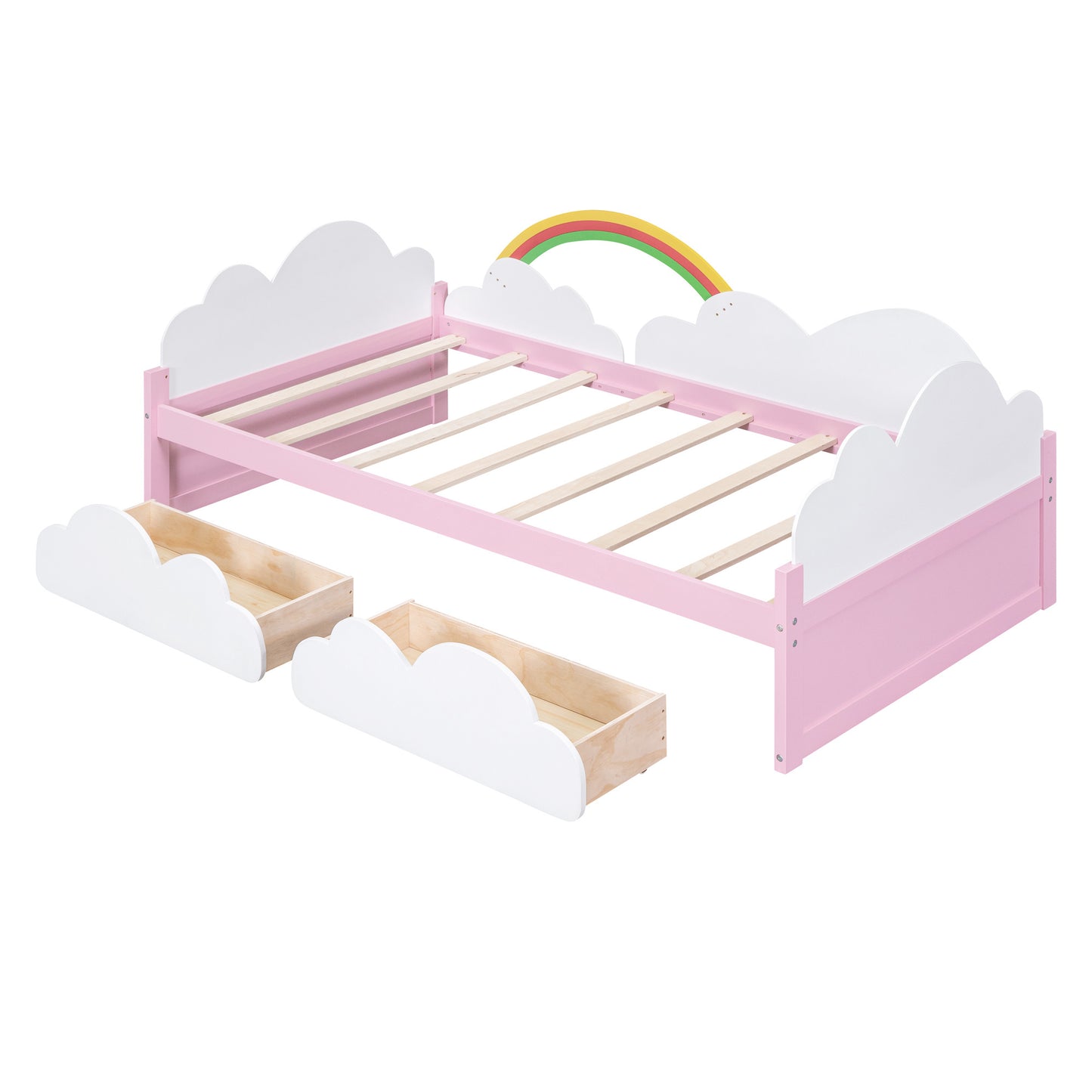 twin size bed with clouds and rainbow decor