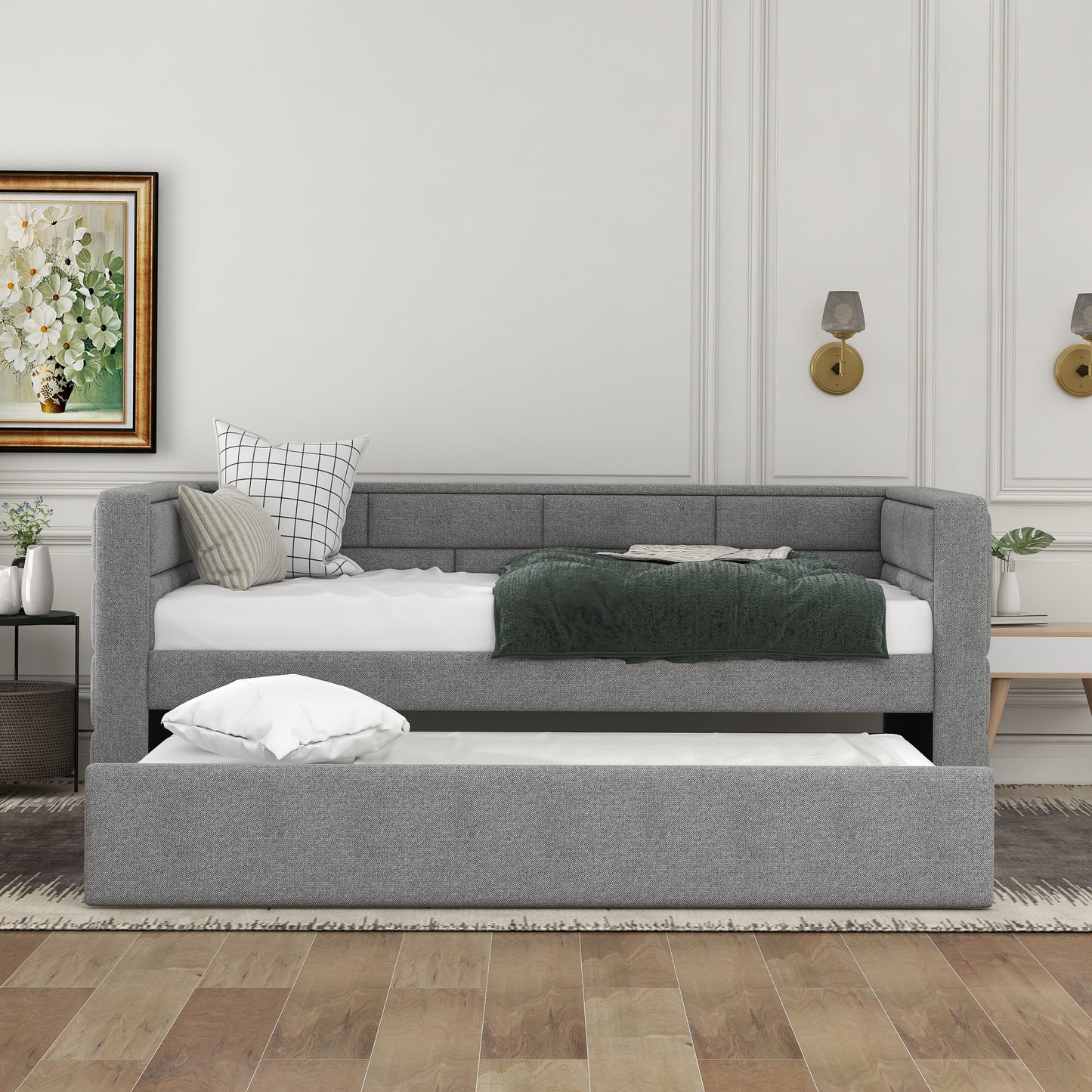 upholstered bed with padded back, gray