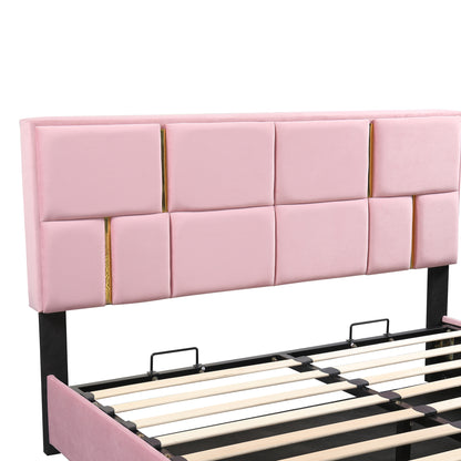 Upholstered Platform Bed with Hydraulic Storage System, Pink