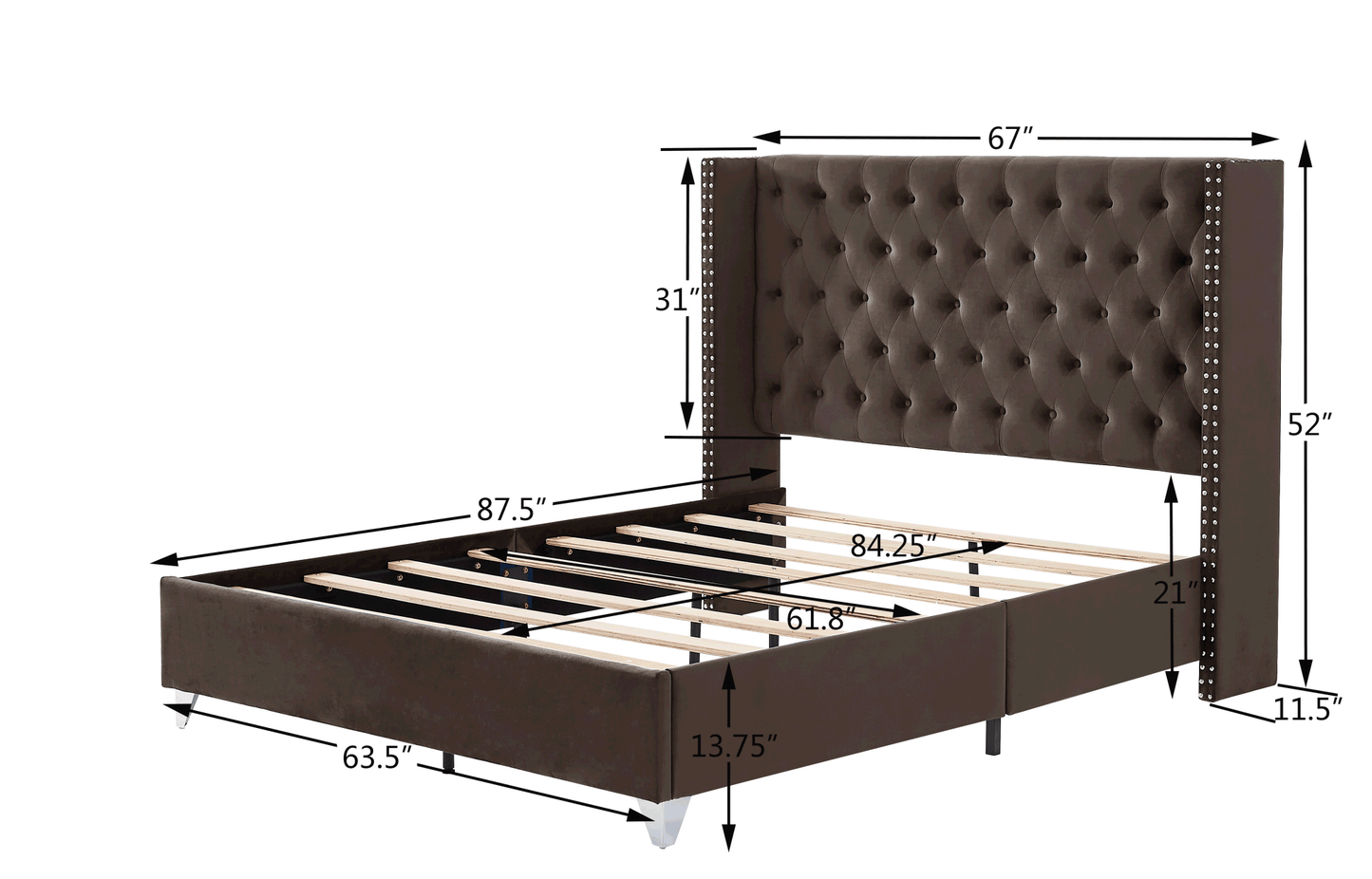 ashley brown upholstered bed  + metal legs with electroplate