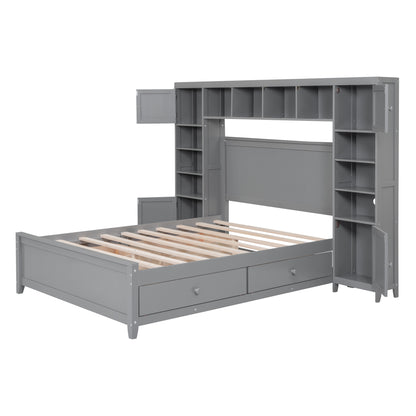 Wooden Bed With All-in-One Cabinet and Shelf