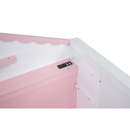 House Murphy Bed with USB, Storage Shelves and Blackboard, Pink+White