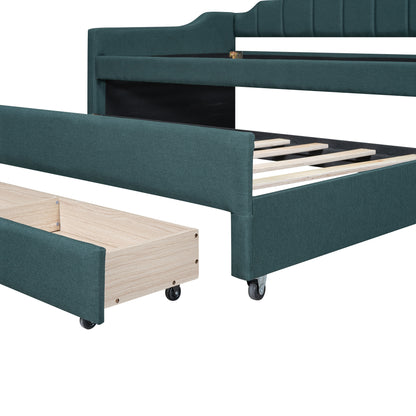 Eli Upholstered Daybed with Trundle and Three Drawers, Green