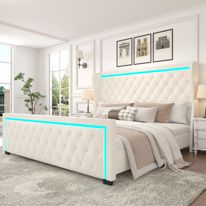 Velvet Upholstered Bed with Deep Tufted Buttons & Adjustable Colorful LED Light, Beige