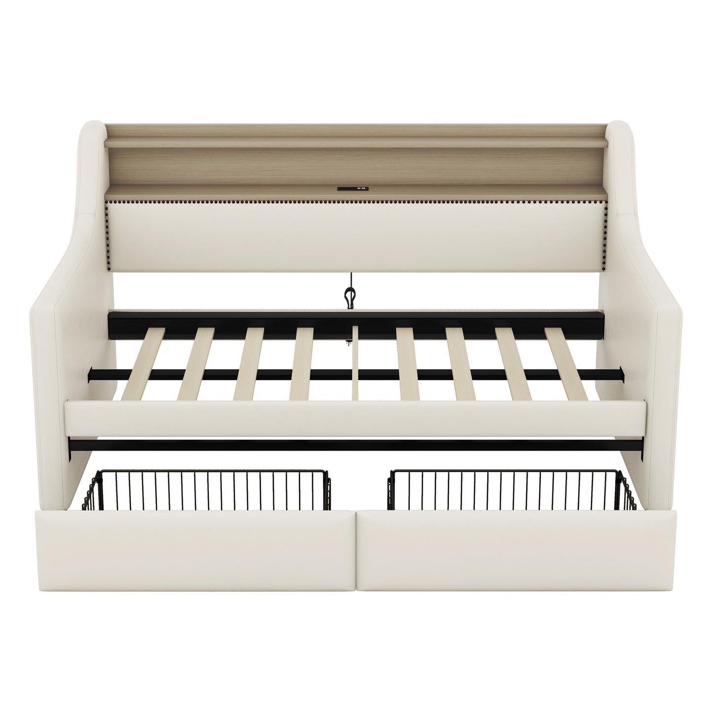 upholstered bed with charging station and led lights, beige