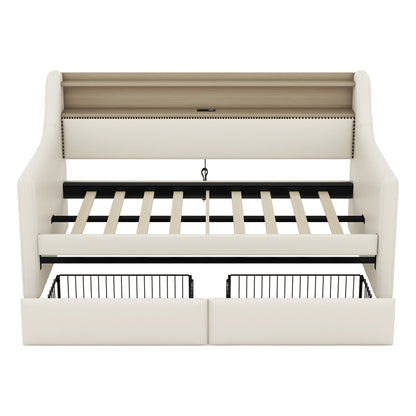 Upholstered Bed with Charging Station and LED Lights, Beige