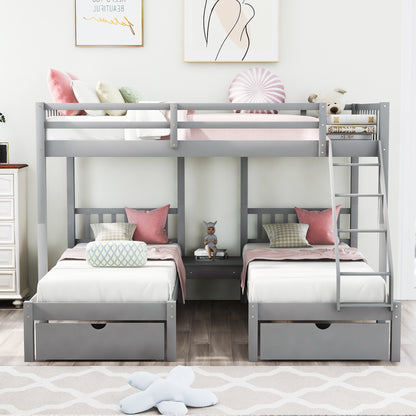 Triple Bunk Bed with Drawers and Guardrails, Gray