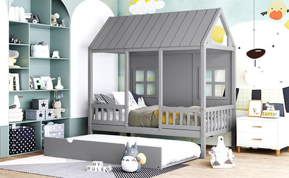 Wood House Bed With Twin Size Trundle, Gray