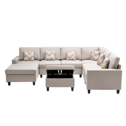 Nolan 7Pc Reversible Chaise Sectional Sofa with Interchangeable Legs, 6 Pillows and Storage Ottoman