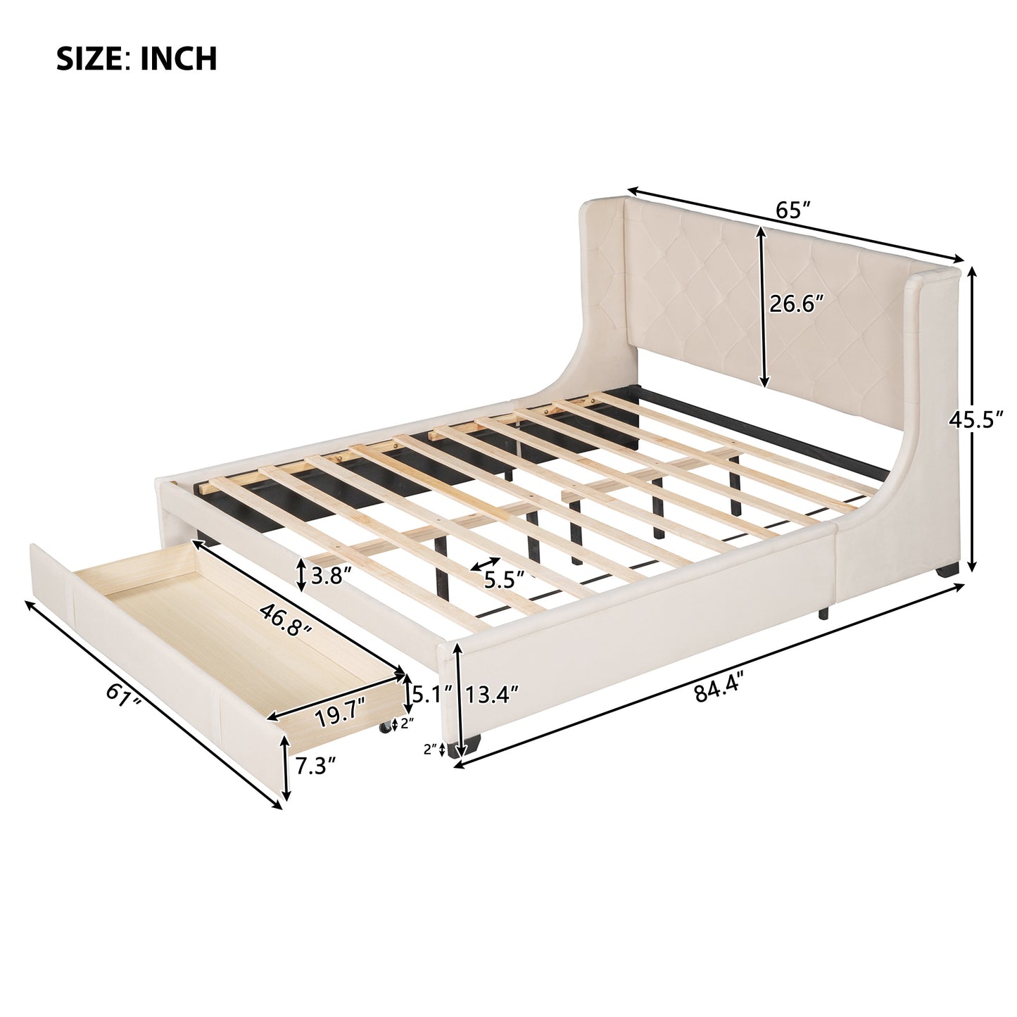 modern velvet upholstered platform bed with wingback headboard and a big drawer