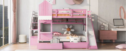 Full-Over-Full Castle Style Bunk Bed with 2 Drawers 3 Shelves and Slide - Pink