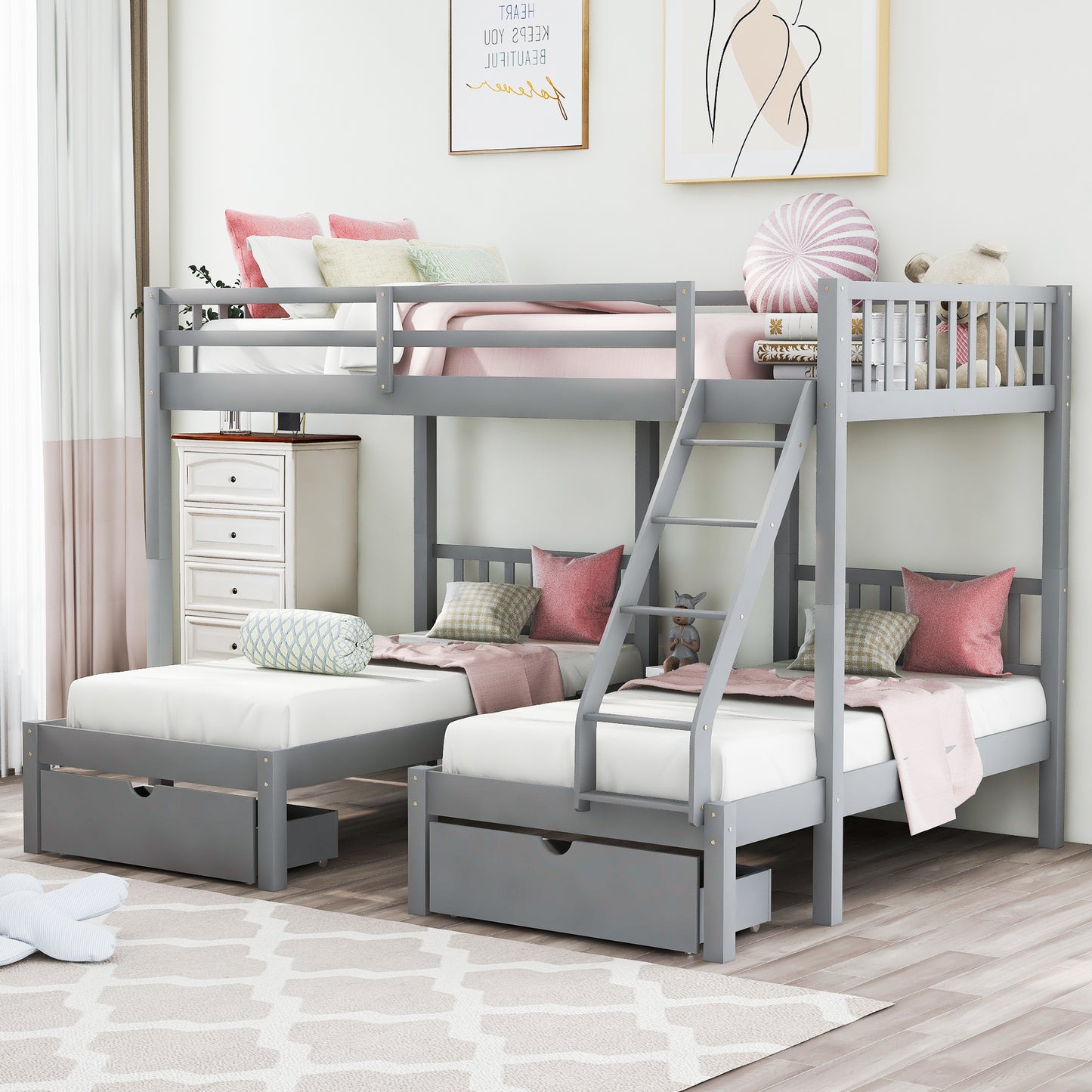 triple bunk bed with drawers and guardrails, gray