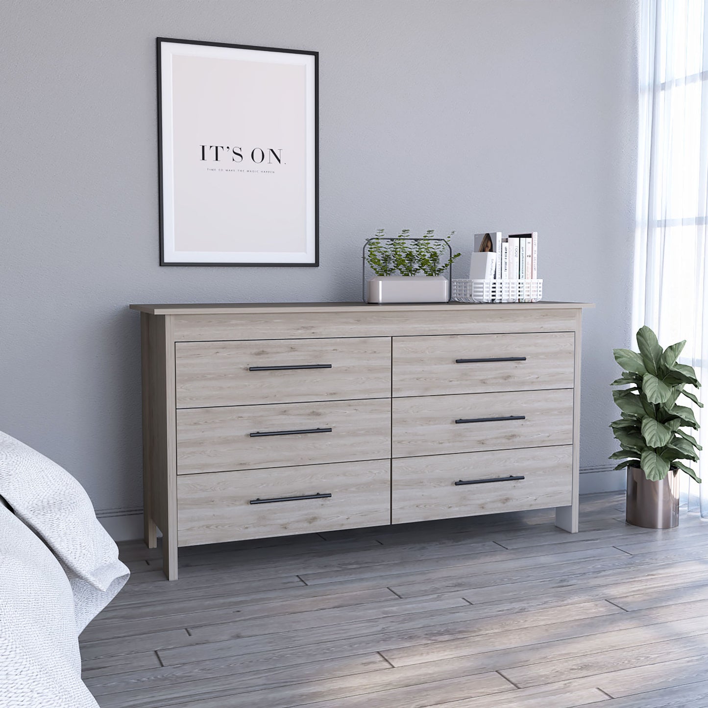 6 drawer double dresser wezz, bedroom, light gray