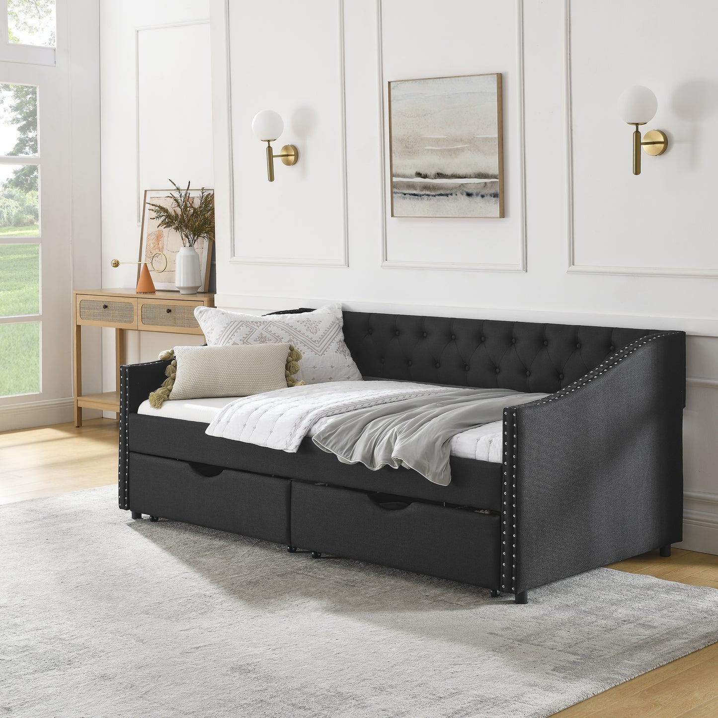 upholstered tufted sofa bed with drawers in black