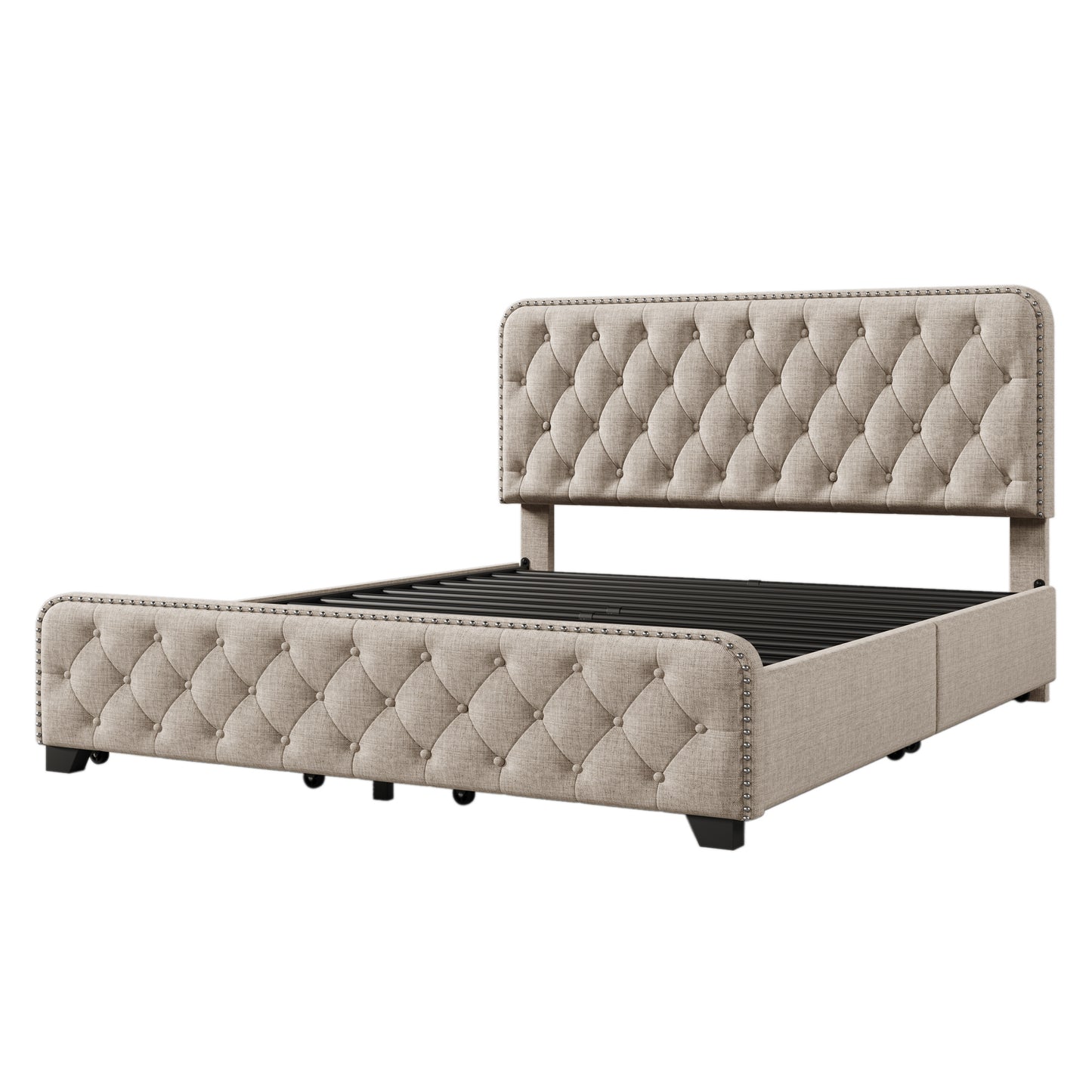 upholstered platform bed frame with four drawers, beige
