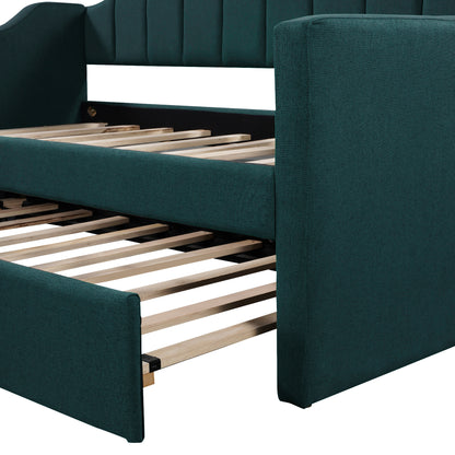 Upholstered Twin Bed with Trundle, Green