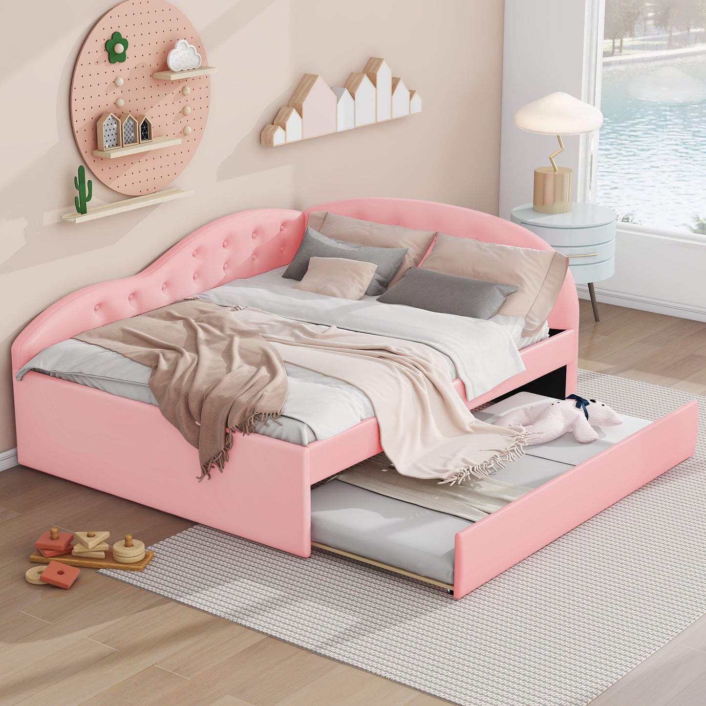 pu upholstered tufted daybed with trundle and cloud shaped guardrail, pink