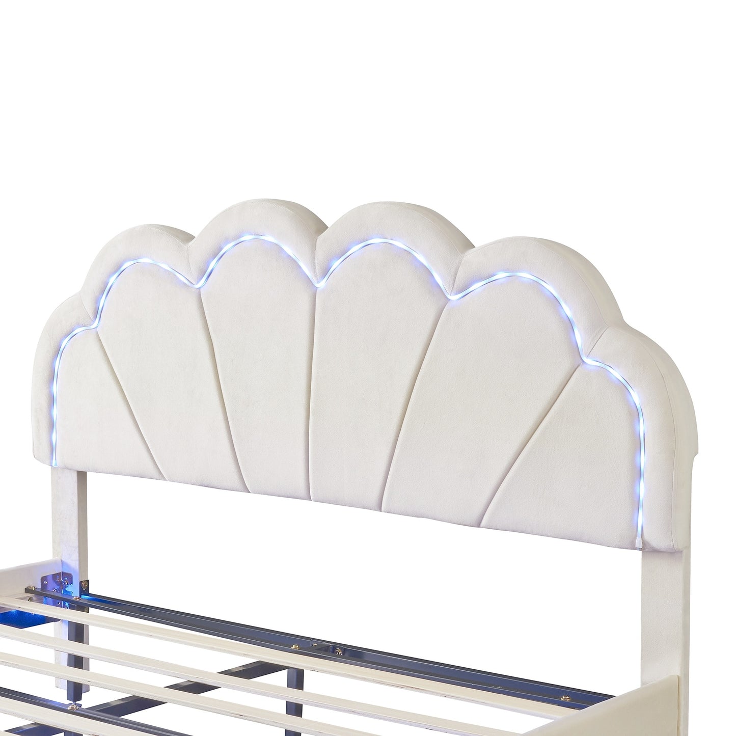 queen upholstered smart led bed frame with elegant flowers headboard, beige