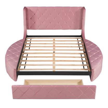 Upholstered Velvet Platform Bed with Wingback Headboard and 1 Big Drawer; 2 Side Storage Stool