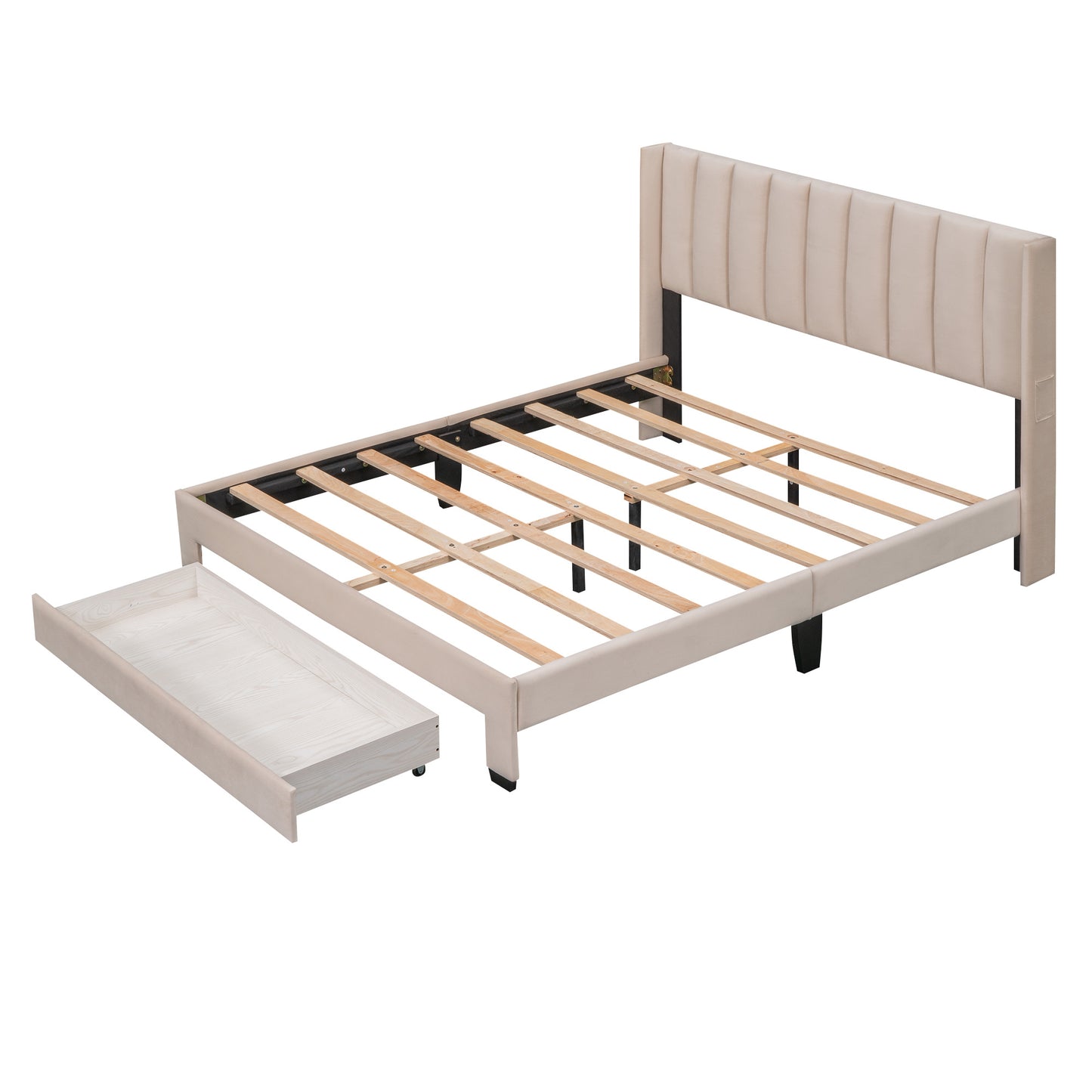 queen size storage bed velvet upholstered platform bed with a big drawer - beige