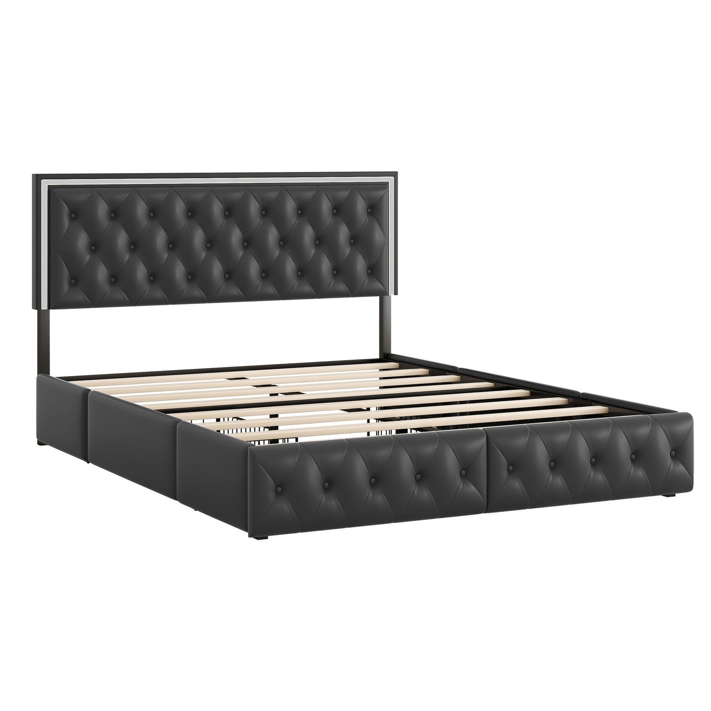 queen upholstered pu leather platform bed with led headboard, black