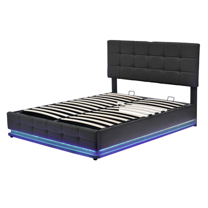 Tufted Upholstered Platform Bed with Hydraulic Storage System, LED Lights, and USB charger, Black