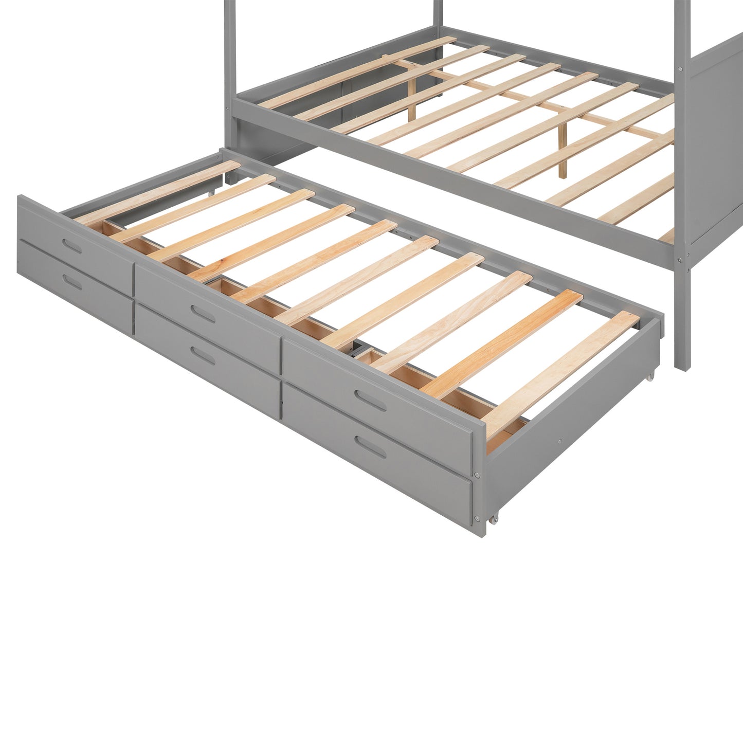 queen size canopy platform bed with twin size trundle and three storage drawers,gray