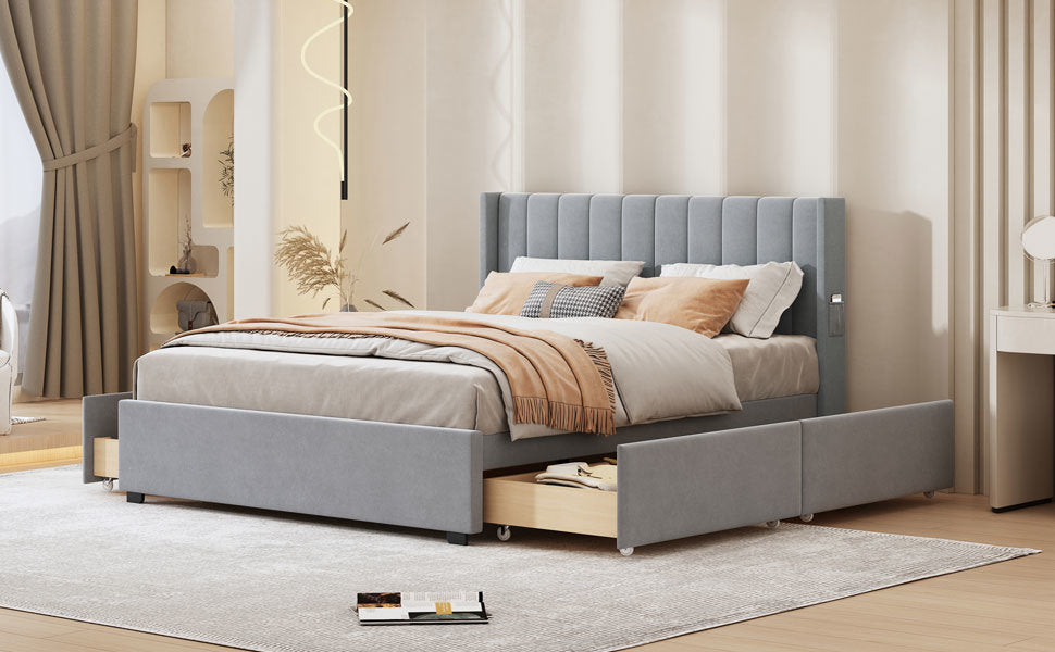 queen size upholstered bed with 4 drawers, gray