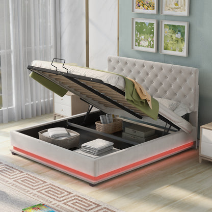 Upholstered Platform Bed with Adjustable Tufted Headboard and LED Light