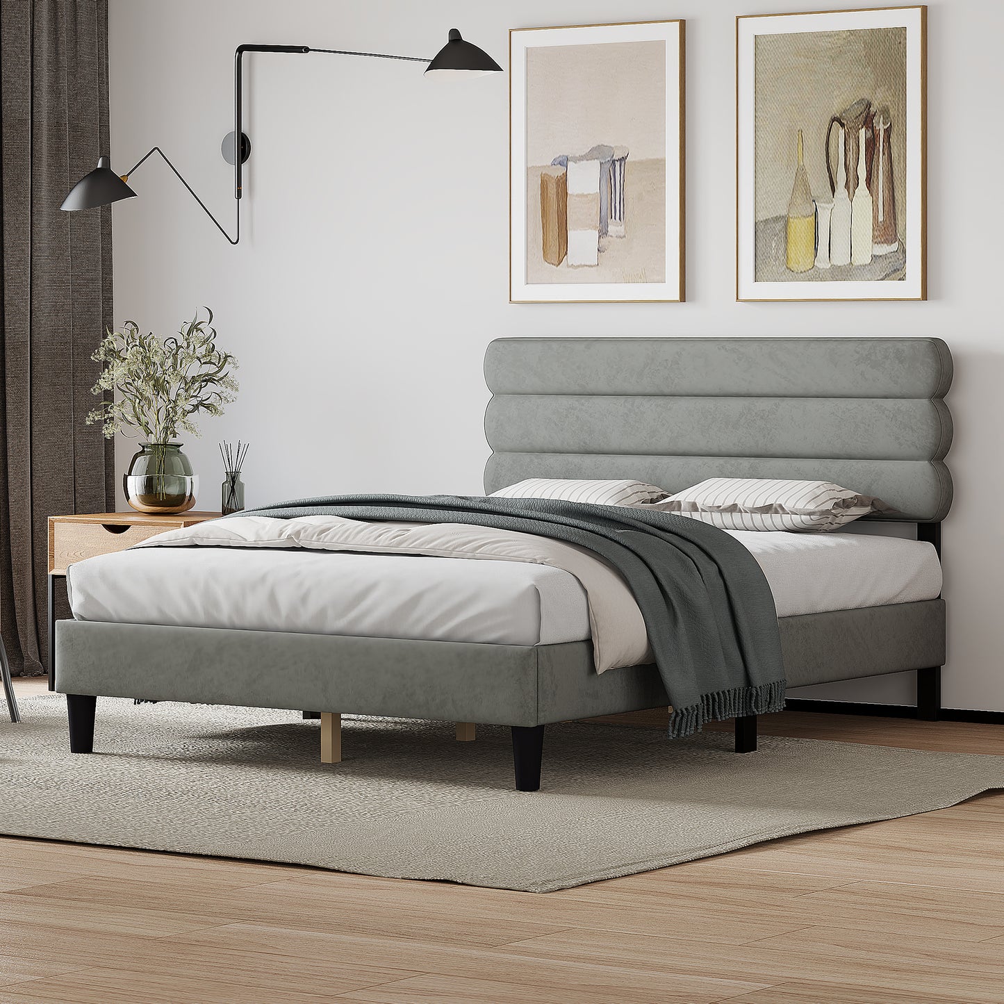 rudy queen bed frame with headboard, grey