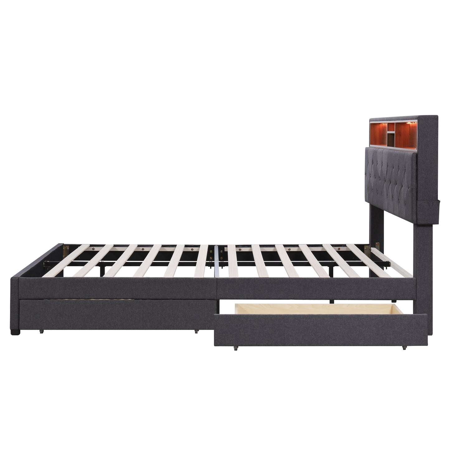 queen size upholstered platform bed with storage headboard, led, usb charging and 2 drawers, dark gray