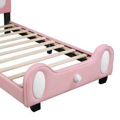 Upholstered Rabbit-Shape Princess Bed, White+Pink