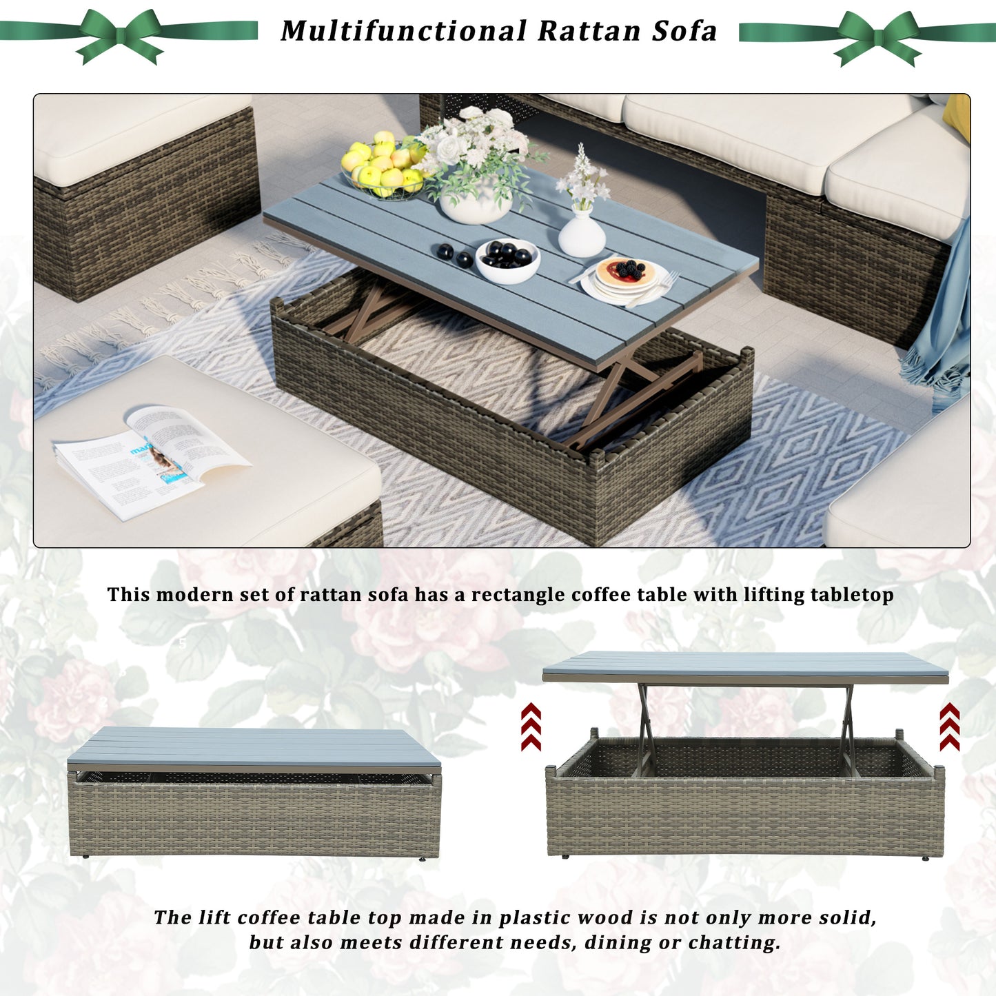 5-piece patio wicker sofa set cushions; ottomans and lift top coffee table included