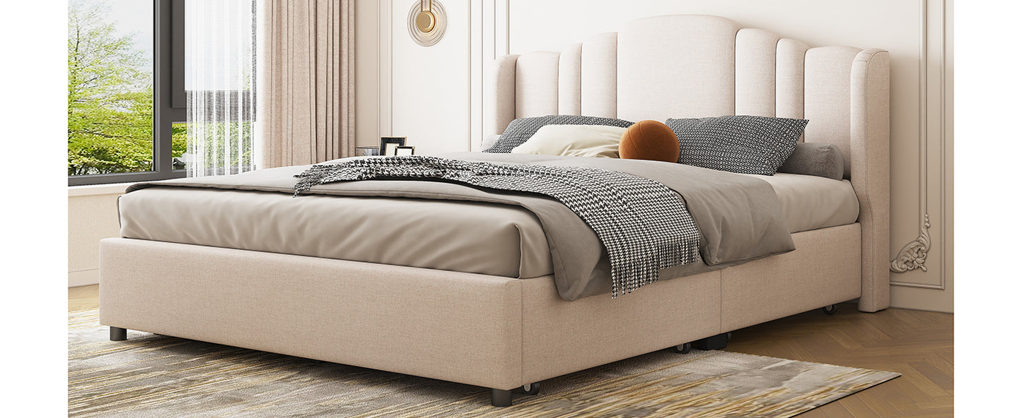mie upholstered platform bed with wingback headboard and 4 drawers