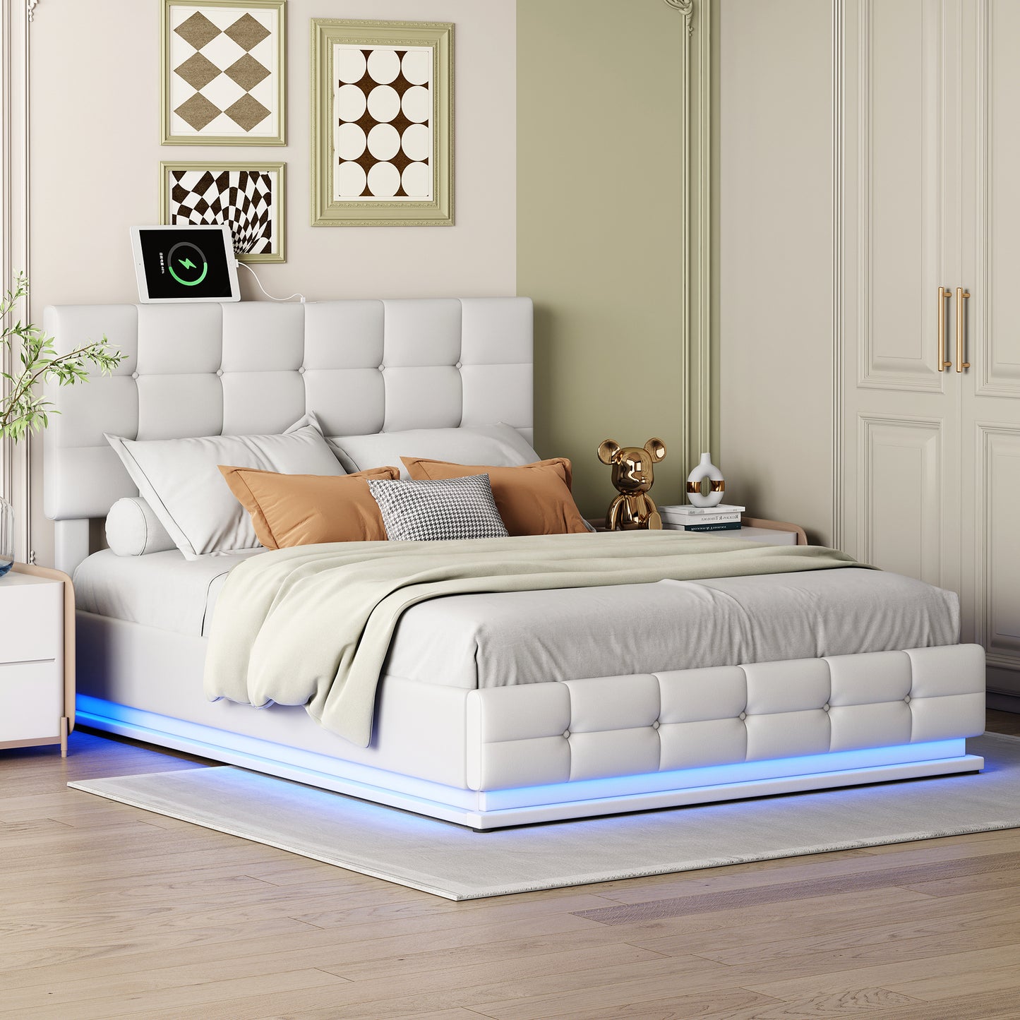 tufted upholstered platform bed with hydraulic storage system, led lights, and usb charger, black