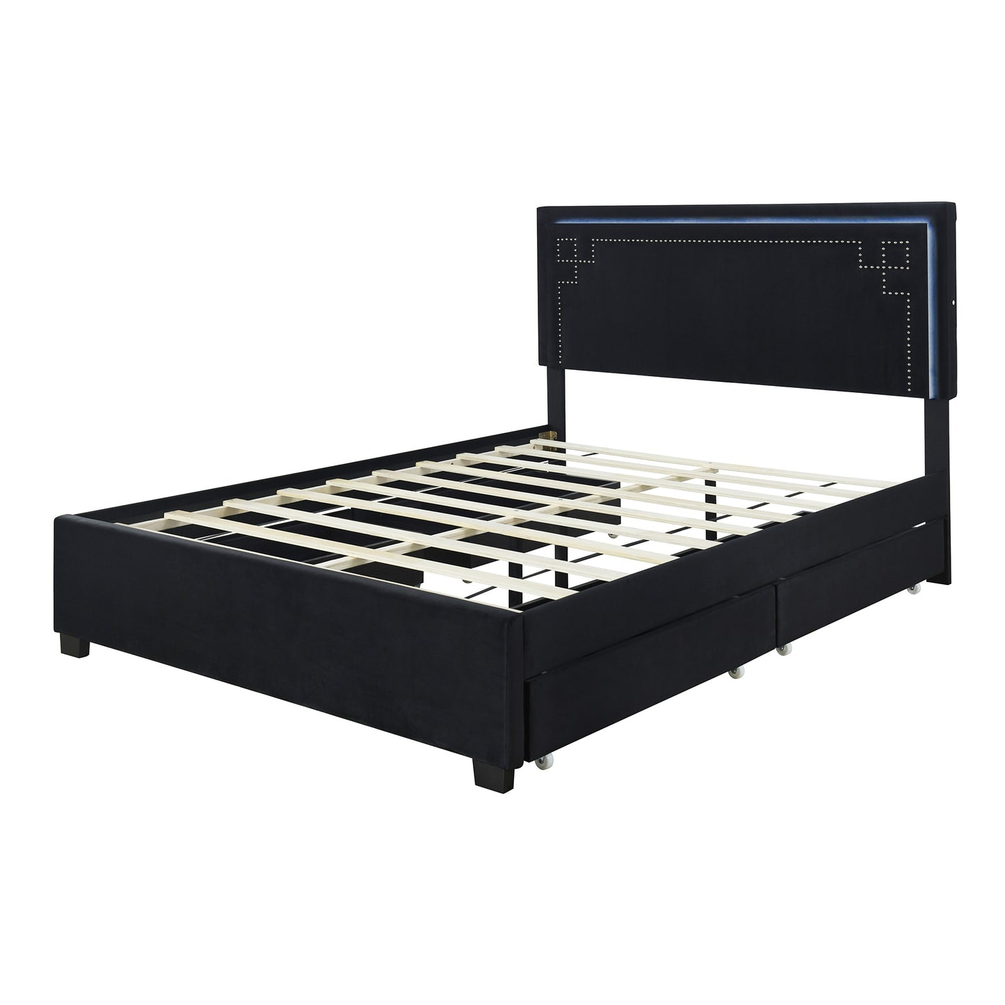 upholstered platform bed with rivet-decorated headboard, led bed frame and 4 drawers, black