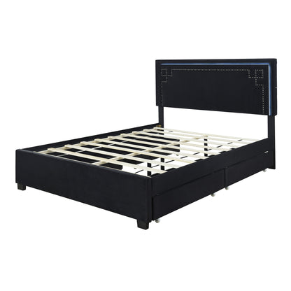 Upholstered Platform Bed with Rivet-decorated Headboard, LED bed frame and 4 Drawers, Black
